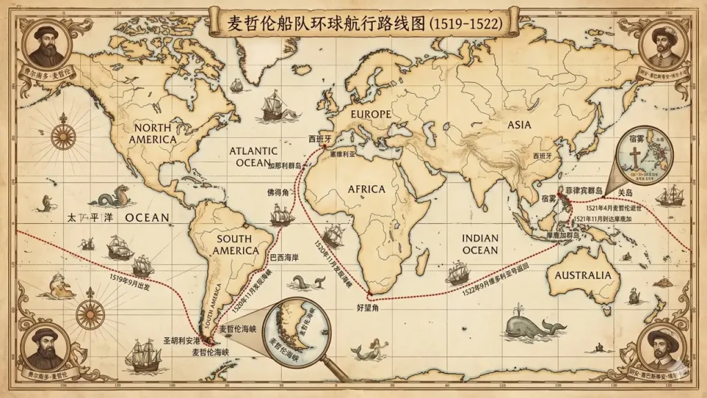 麦哲伦船队航海路线图-地球与地球仪